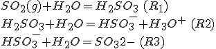 SO_2(g)+H_2O =H_2SO_3\,\, (R_1)\\H_2SO_3+H_2O=HSO_3^- +H_3O^+\,\,(R2)\\HSO_3^- +H_2O=SO_3{2-}\,\,(R3)